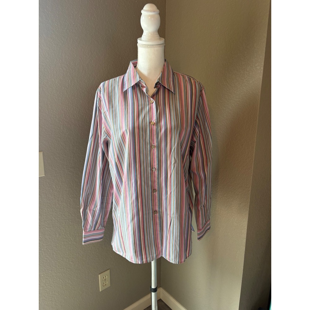 Foxcroft Womens 16 Wrinkle Free Striped Button Down Shirt Pink Blue Long Slv